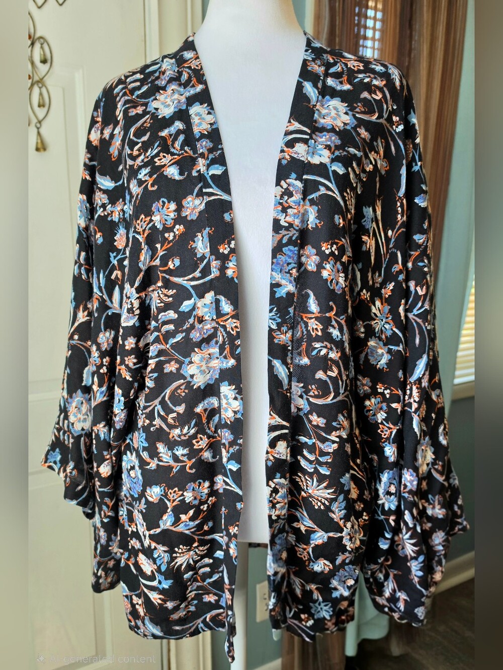Sim & Sam Boho Floral Lightweight Kimono Cardigan Womens XS Black Rust Blue